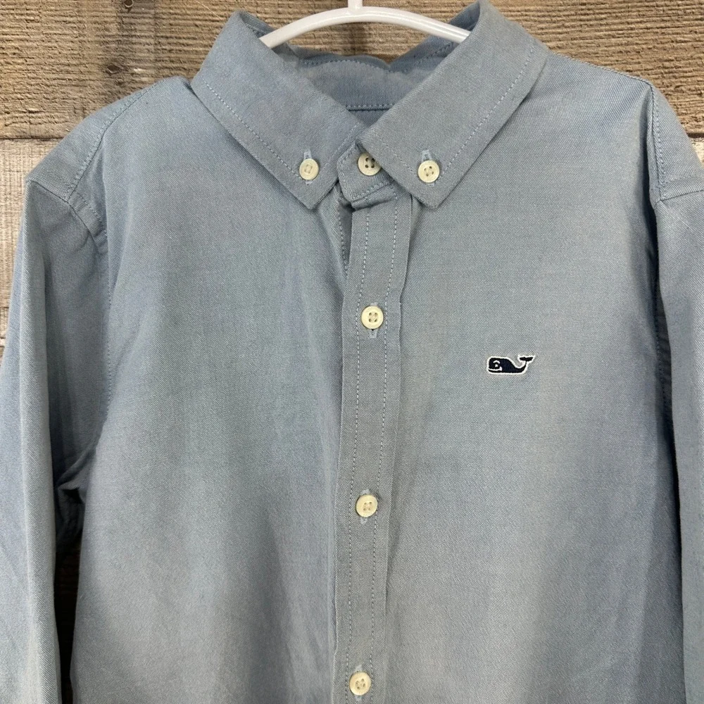 Vineyard Vines Boys Whale Shirt Blue Cotton Blend Button Down Size 6